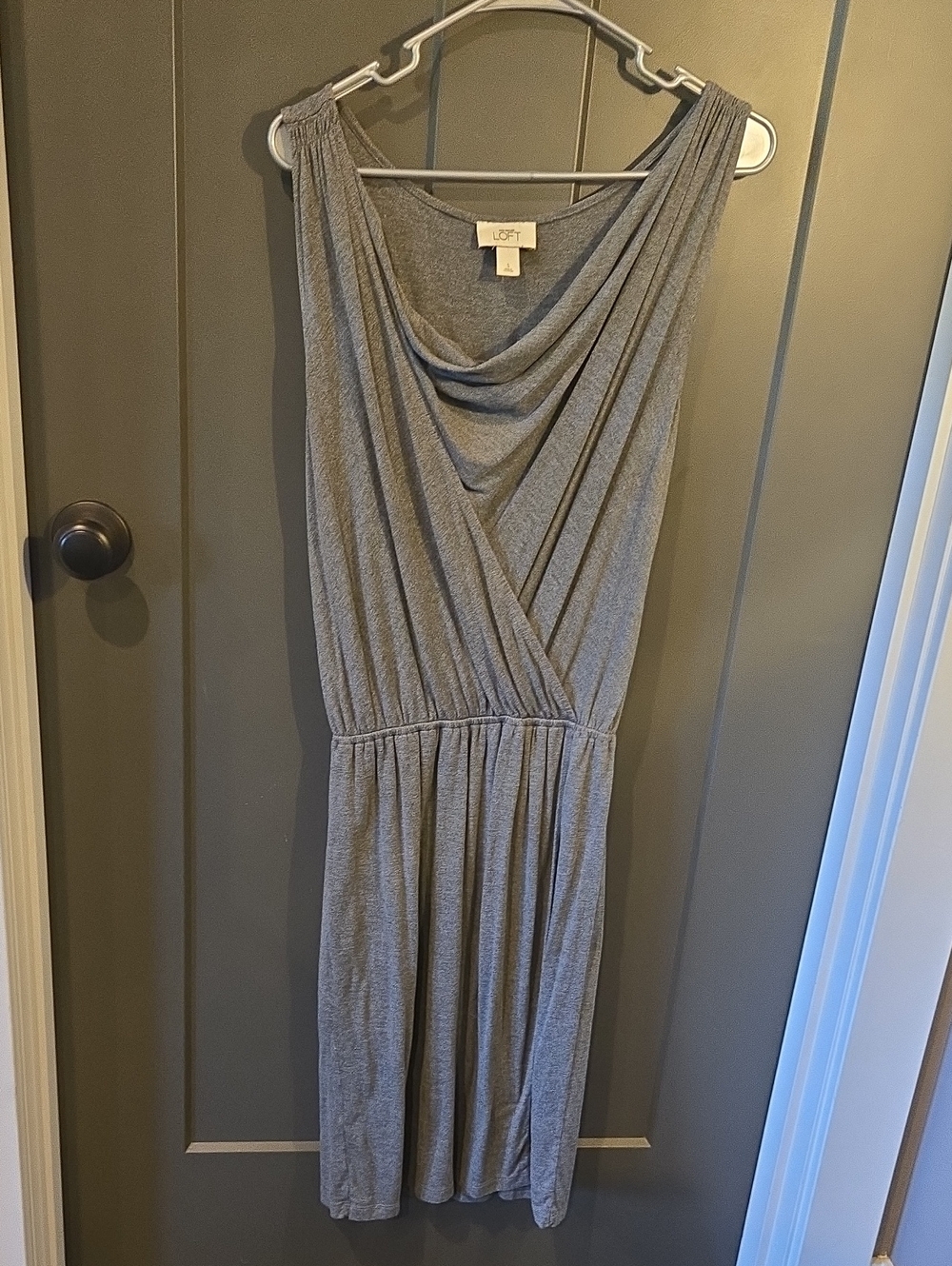 LOFT Heather Gray Sleeveless Draped Wrap Midi Dress